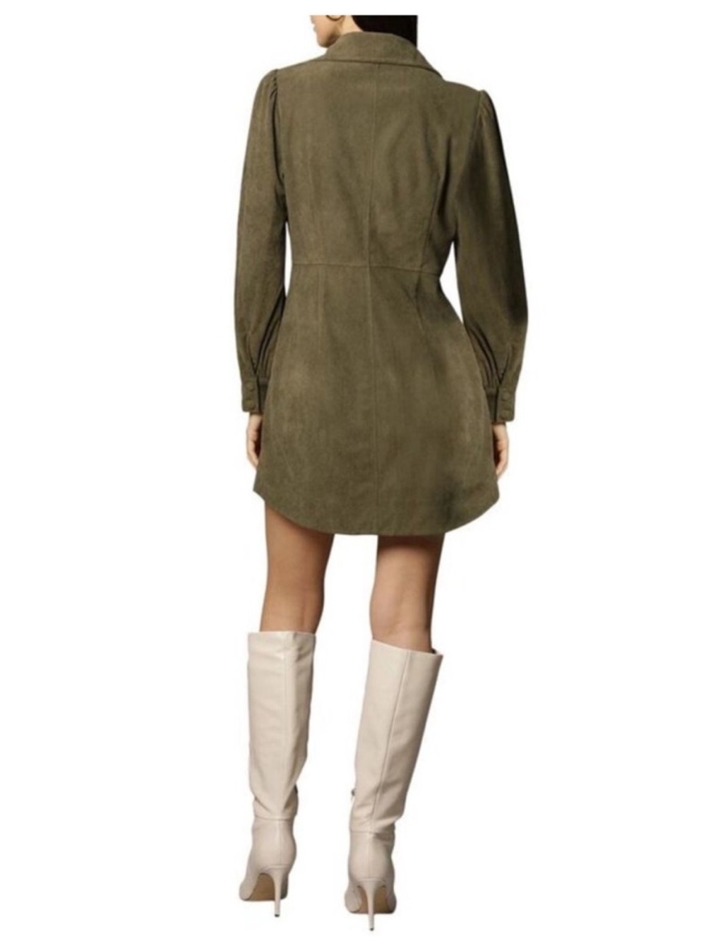 Avec Les Filles Olive Green Mini Dress Button Front Collared Puff Sleeve Sz XS - Picture 2 of 13